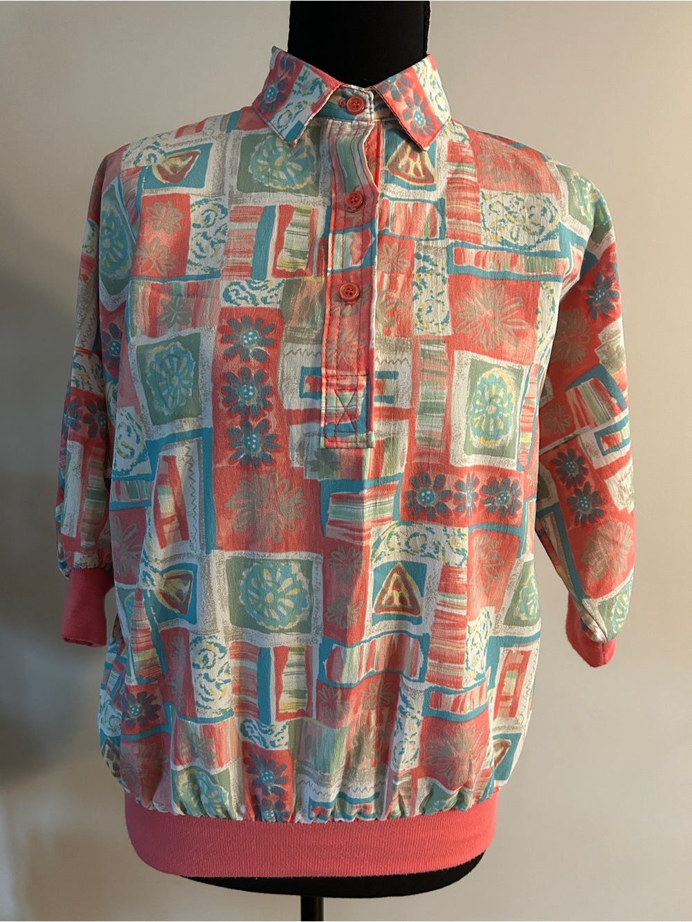 Coral & Aqua Geometric Print Button-Up by Cortiva
